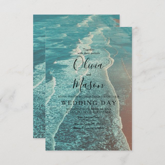 Moderne Fade Tropical Beach Sea Wedding Card Einladung (Vorne/Hinten)