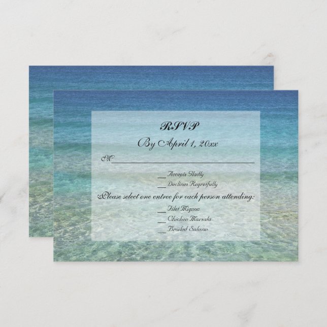 Moderne Fade Tropical Beach Sea Wedding RSVP Einladung (Vorne/Hinten)