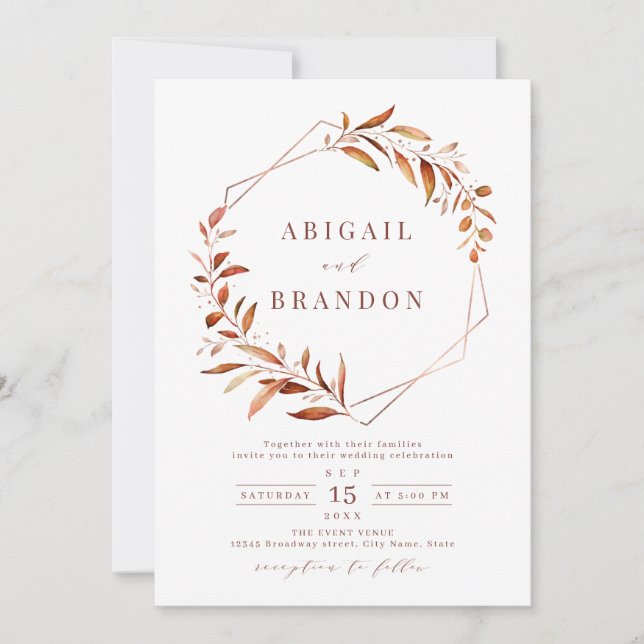 Moderne Fall Greenery Geometric Rustic Wedding Inv Einladung (Vorderseite)