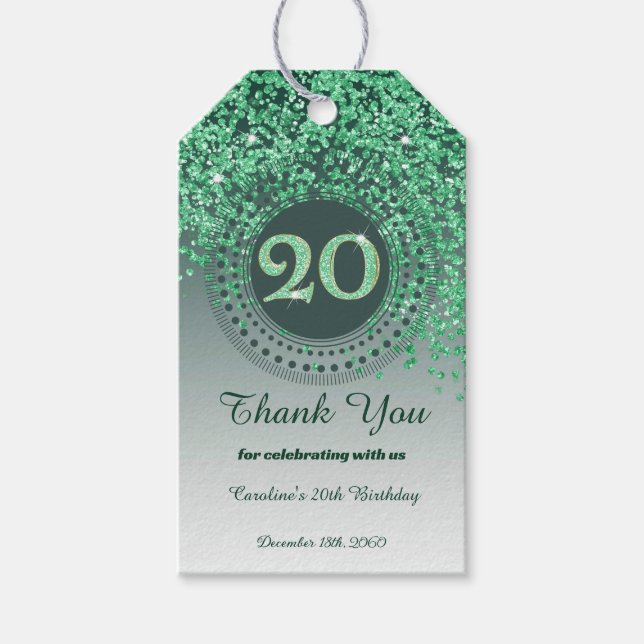 Moderne, fallende, grüne Glitter 20. Geburtstag Geschenkanhänger (Vorderseite)