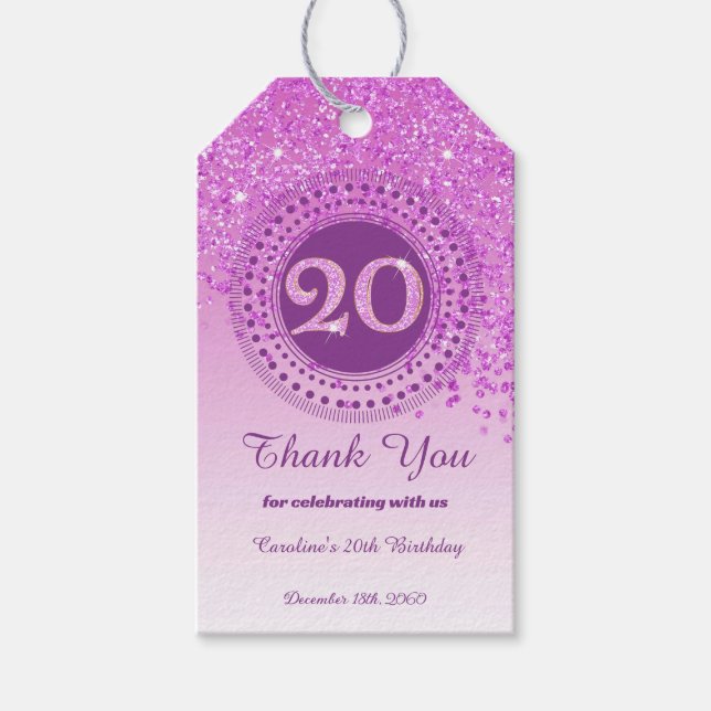 Moderne fallende rosa Glitter 20. Geburtstag Geschenkanhänger (Vorderseite)