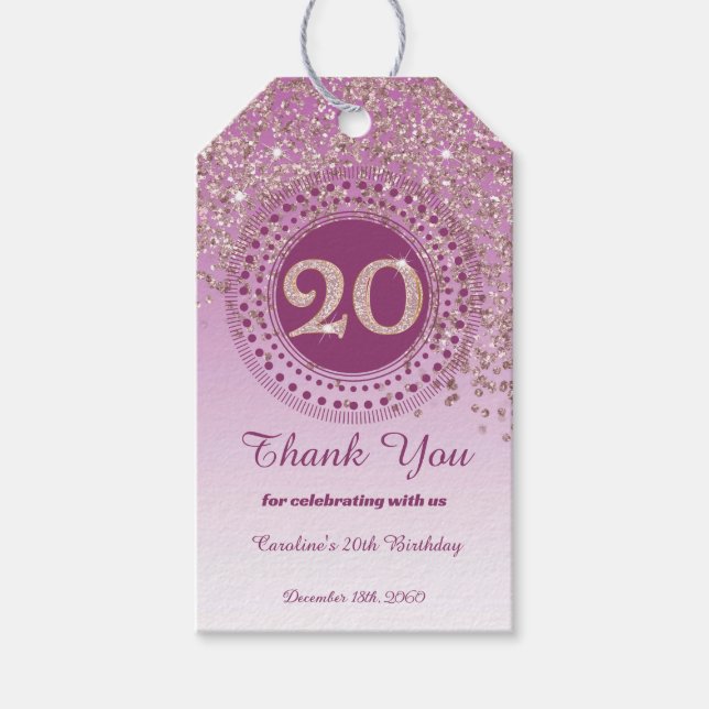 Moderne Falling Rose Gold Glitter 20. Geburtstag Geschenkanhänger (Vorderseite)