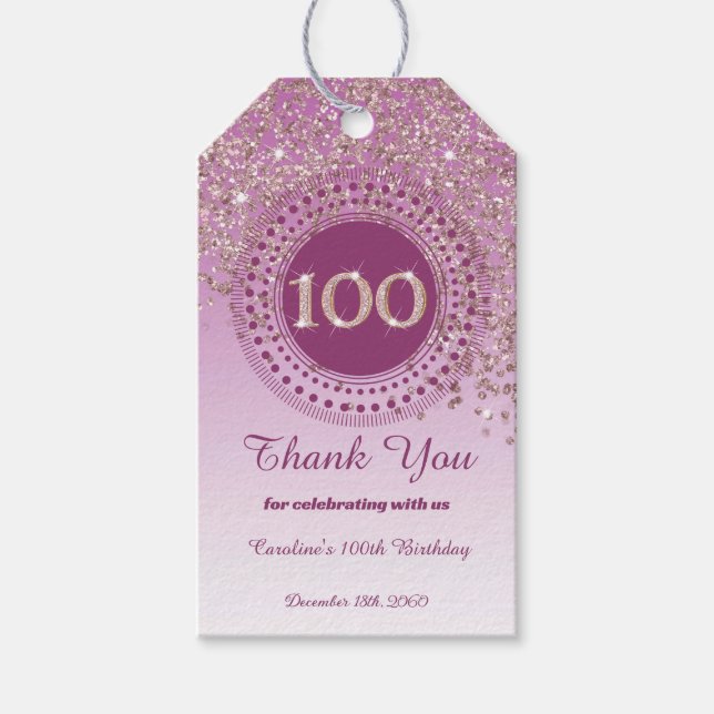 Moderne Falling Rose Gold Glitzer 100. Geburtstag Geschenkanhänger (Vorderseite)