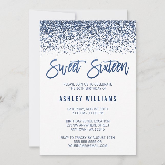 Moderne falsche Navy-Blau-Glitter-Sweet-16-Geburts Einladung (Vorderseite)