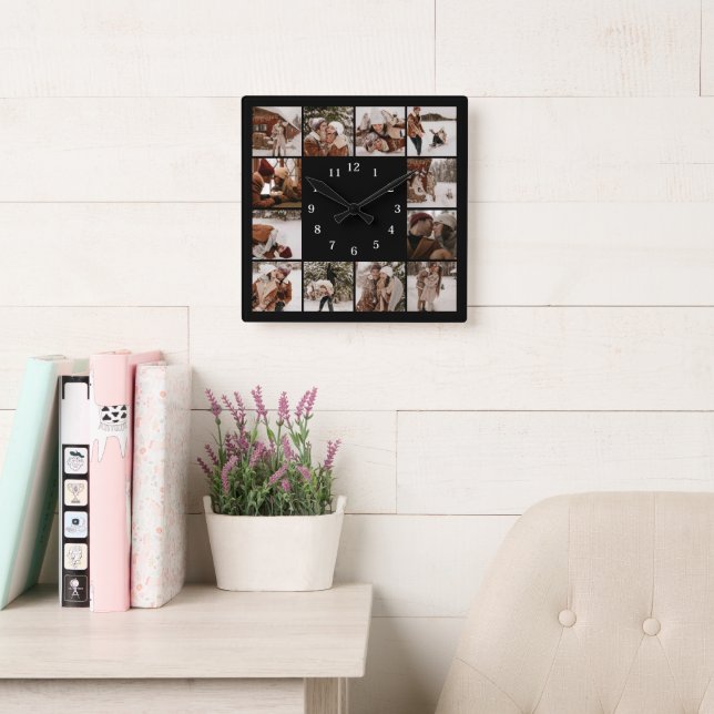 Moderne Familie 12 Foto Collage Black Keepake Quadratische Wanduhr (Lesesaal)
