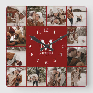 Moderne Familie 12 Foto Collage   Monogramm Keepak Quadratische Wanduhr