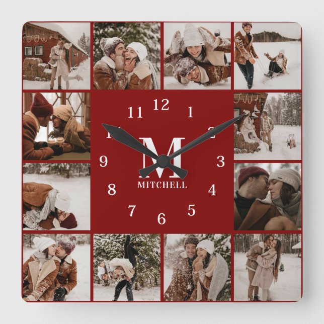 Moderne Familie 12 Foto Collage | Monogramm Keepak Quadratische Wanduhr (Vorderseite)