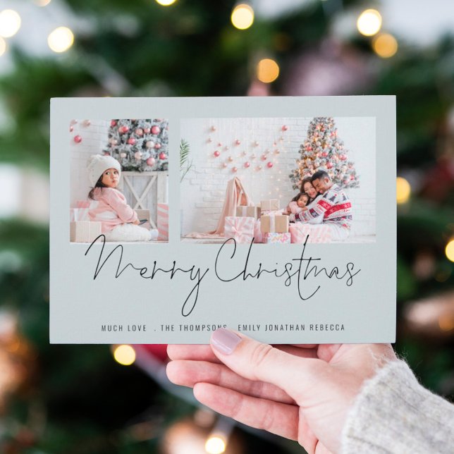 Moderne Familie 2 Fotos Script Blue Frohe Weihnach (Von Creator hochgeladen)