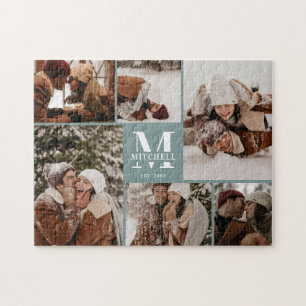 Moderne Familie 6 Foto Collage Sage Green Keepake Puzzle