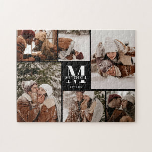 Moderne Familie 6 Fotocollage Schwarzer Keepake Puzzle