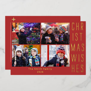 Moderne Familien-Fotocollage Rot Frohe Weihnachten Folien Feiertagskarte