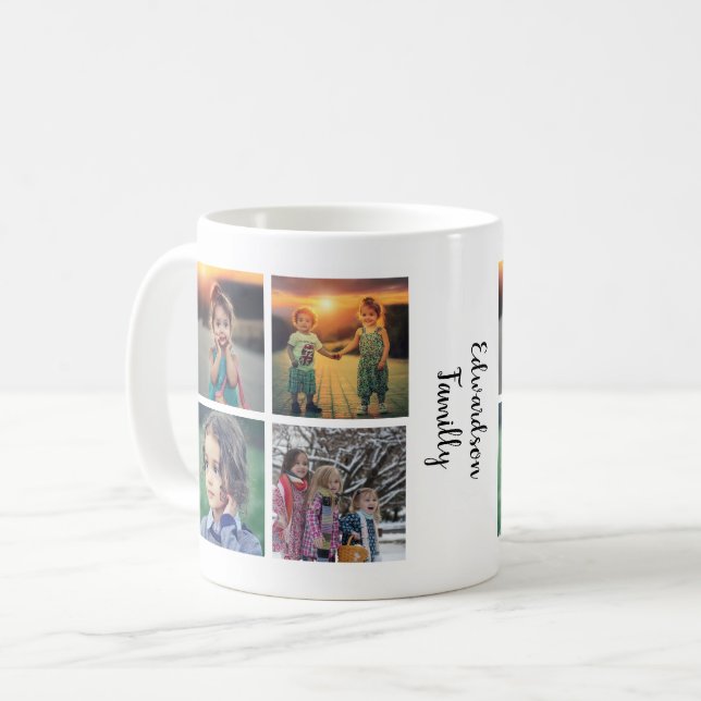 Moderne Familienfoto-Collage Monogramm Name Kaffeetasse (Vorderseite Links)