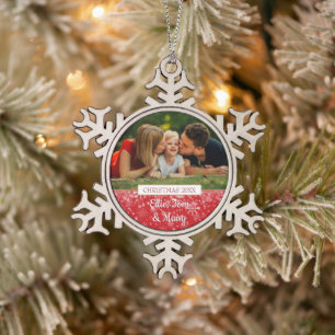 Moderne Familienfoto-Weihnachtsfeiertage Schneeflocken Zinn-Ornament