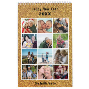 Moderne Familienfotografie Collage Gold Glitzer Cu Kalender