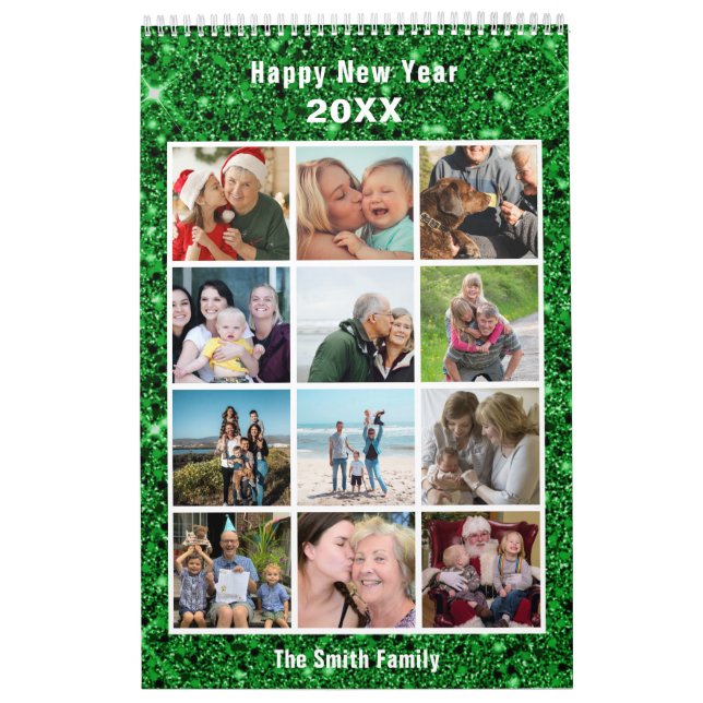 Moderne Familienfotografie Collage Green Glitzer C Kalender (Titelbild)