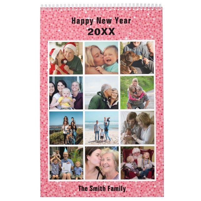Moderne Familienfotografie Collage Pink Glitzer Cu Kalender (Titelbild)