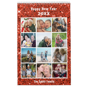 Moderne Familienfotografie Collage Red Glitzer Cus Kalender