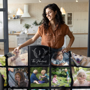 Moderne Familienfotos Schwarzweiß monogrammiert Fleecedecke