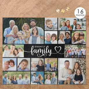 Moderne FAMILY 16 Foto Collage Script Herz Puzzle