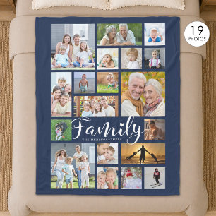 Moderne FAMILY 19 Foto Collage Script Herz Marine Fleecedecke