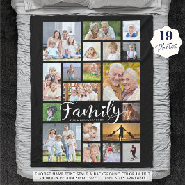 Moderne FAMILY 19 Foto Collage Script Herz Schwarz Fleecedecke