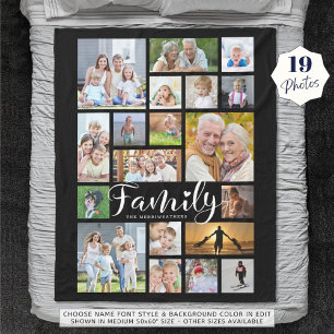 Moderne FAMILY 19 Foto Collage Script Herz Schwarz Fleecedecke