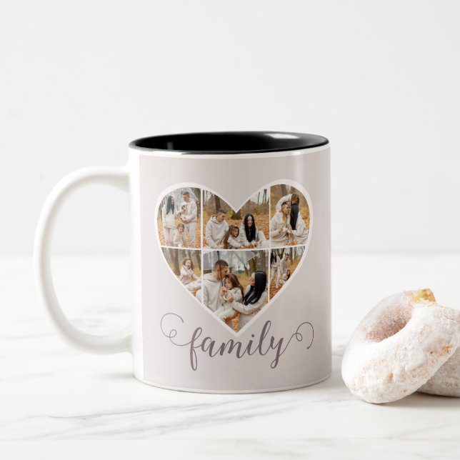 Moderne FAMILY Foto Collage Liebe Script Herz Zweifarbige Tasse (Mit Donut)