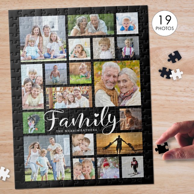 Moderne FAMILY Scripte Fotocollage Name Schwarz Puzzle (Von Creator hochgeladen)