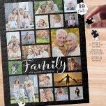 Moderne FAMILY Scripte Fotocollage Name Schwarz Puzzle<br><div class="desc">Erschaffen Sie sich einfach eine lustige Familienaktivität oder eine Freizeitbeschäftigung voller Erinnerungen mit diesem modernen Foto Collage Puzzle mit einer Vielzahl von Größen und Formen für 19 Fotos und der Titel FAMILY in einem schicken handgeschriebenen Drehbuch-Schriftart, gepunktet mit einem Herzen und personalisiert mit dem Familiennamen. FOTO TIPP: Wählen Sie für...</div>