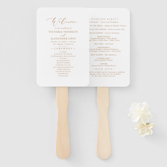 Moderne Fans des Goldkalligrafie-Hochzeitsprogramm Fächer (Vorne und Hinten)