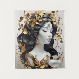 Moderne Fantasy-Kunst in Schwarz und Gold Wandteppich