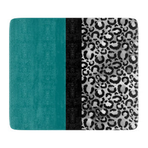 Moderne Farbblock-Leopardenprint Teal Silber Schwa Schneidebrett