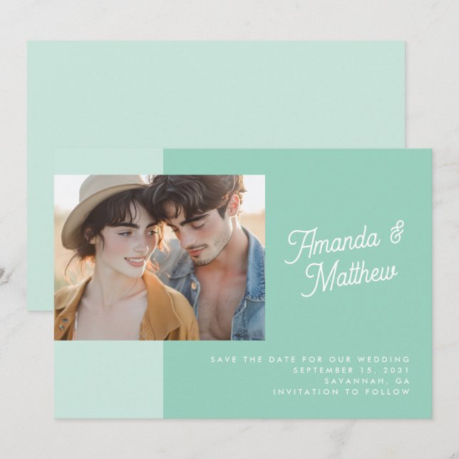 Moderne Farbblock-Mintgrün-Foto-Hochzeit Save The Date (Vorne/Hinten)
