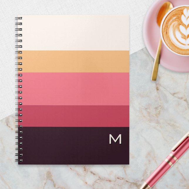 Moderne Farbblock Pink Cream Monogramm Notizblock (A spiral-bound, monogrammed notebook with color block stripes in elegant pink, burgundy and cream)