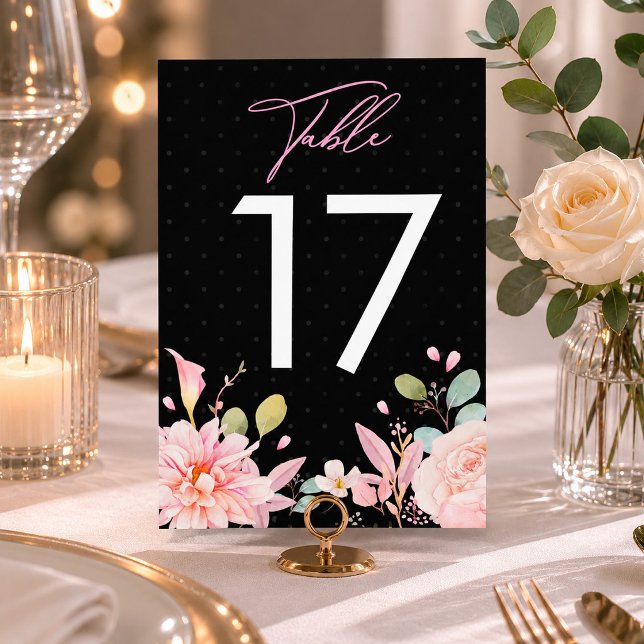 Moderne Farbe Rosa Rosa Blütenschwarz Tischnummer (Modern Watercolor Pink Rose Floral Black Table Number, Wedding Table Signs, Wedding Favours)