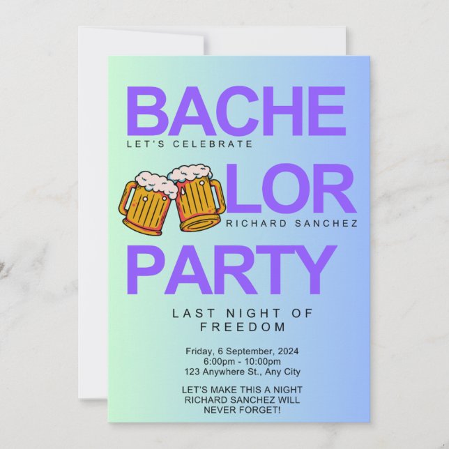 Moderne Farben Bachelor Einladung mit Biersorten (Vorderseite)