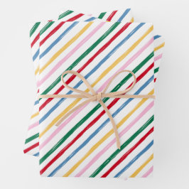 Moderne Farben Retro Weihnachtsfeiertage Streifen Geschenkpapier Set