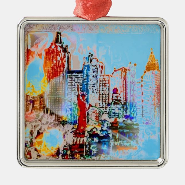 Moderne, farbenfrohe Aquarell NYC Metal Ornament (Vorne)