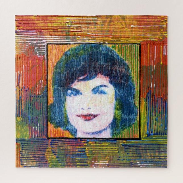 Moderne farbenfrohe Aquarelltasche Jackie Kennedy Puzzle (Vertikal)