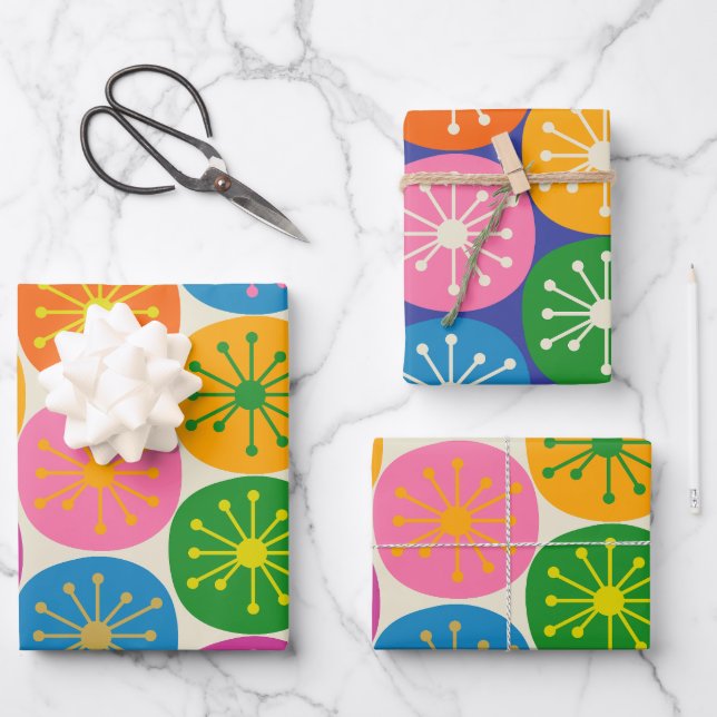 Moderne, farbenfrohe Atompunkte aus dem Mittelalte Geschenkpapier Set (Vorderseite)