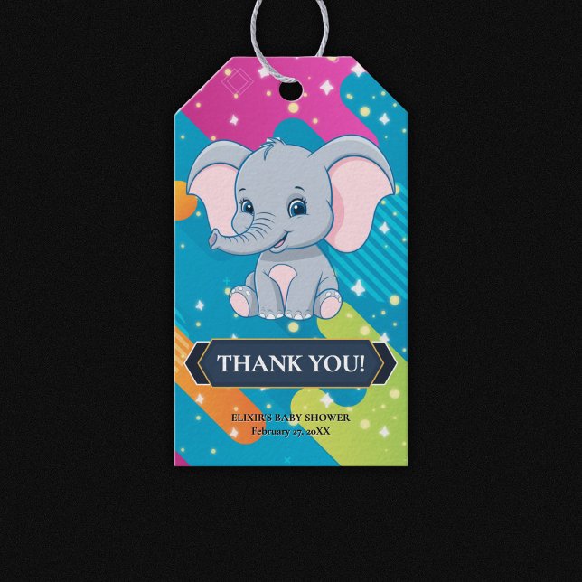 Moderne farbenfrohe Blue Elephant Baby Dusche Geschenkanhänger (Von Creator hochgeladen)