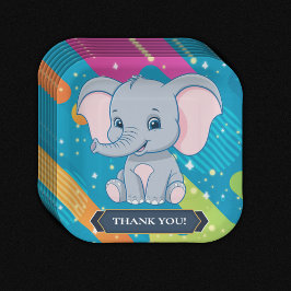 Moderne farbenfrohe Blue Elephant Baby Dusche Pappteller