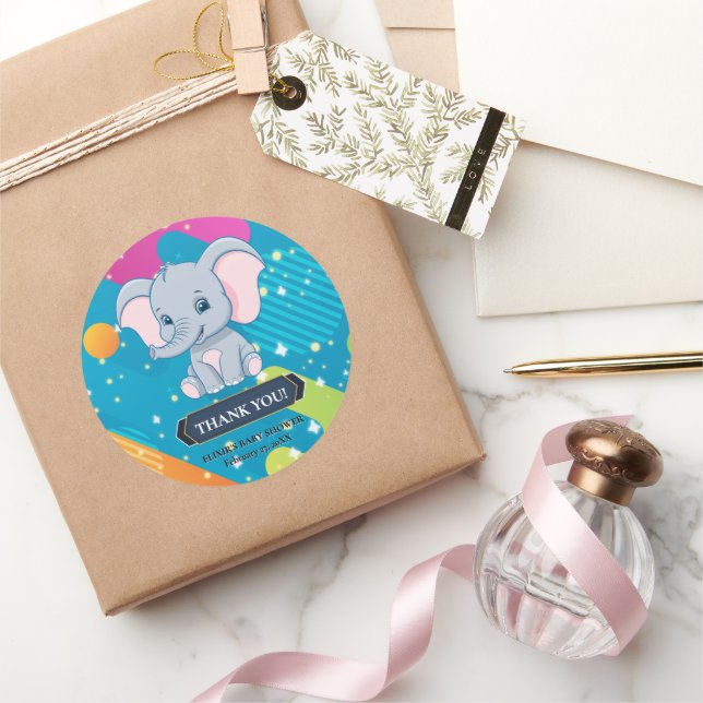 Moderne farbenfrohe Blue Elephant Baby Dusche Runder Aufkleber (Schenken)