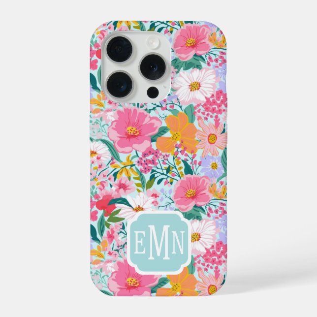 Moderne farbenfrohe Blumen-Garten-Monogramm iPhone Hülle (Rückseite)