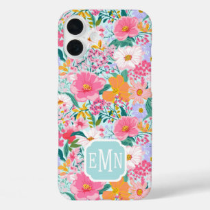 Moderne farbenfrohe Blumen-Garten-Monogramm-Schutz iPhone 16 Plus Hülle