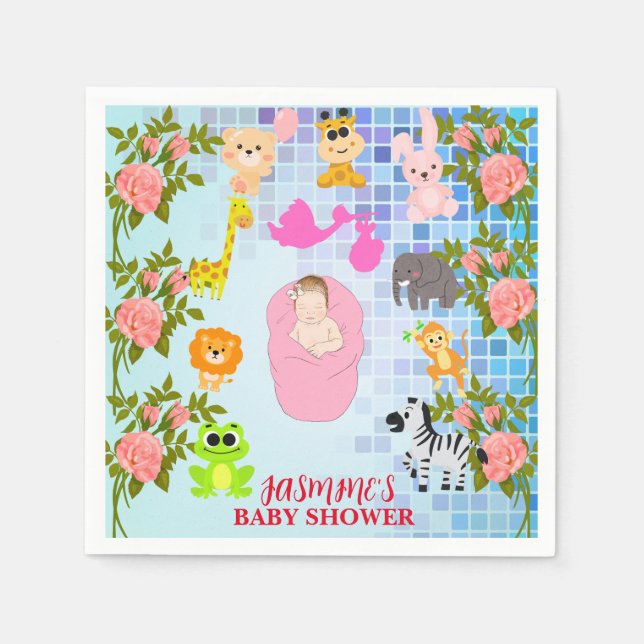 Moderne, farbenfrohe Blumenblauer Babydusche Serviette (Vorderseite)