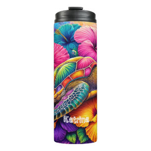 Moderne farbenfrohe Blumenschildkröte Personalisie Thermosbecher