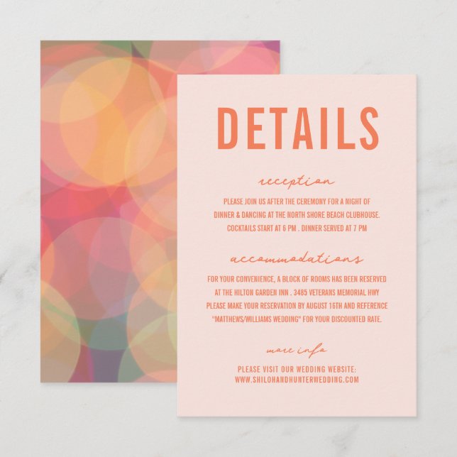 Moderne farbenfrohe Bokeh Lights Peach Hochzeit Begleitkarte (Vorne/Hinten)