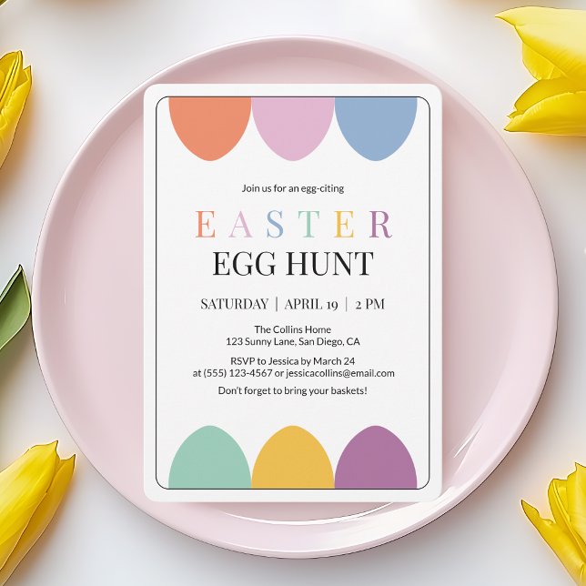 Moderne, farbenfrohe Eierjagd Einfaches Niedliches Einladung (Modern Colorful Egg Hunt Simple Cute Easter Invitation)