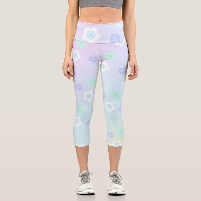 Moderne farbenfrohe Farbverlauf blaue Blume Muster Capri Leggings (Vorderseite)